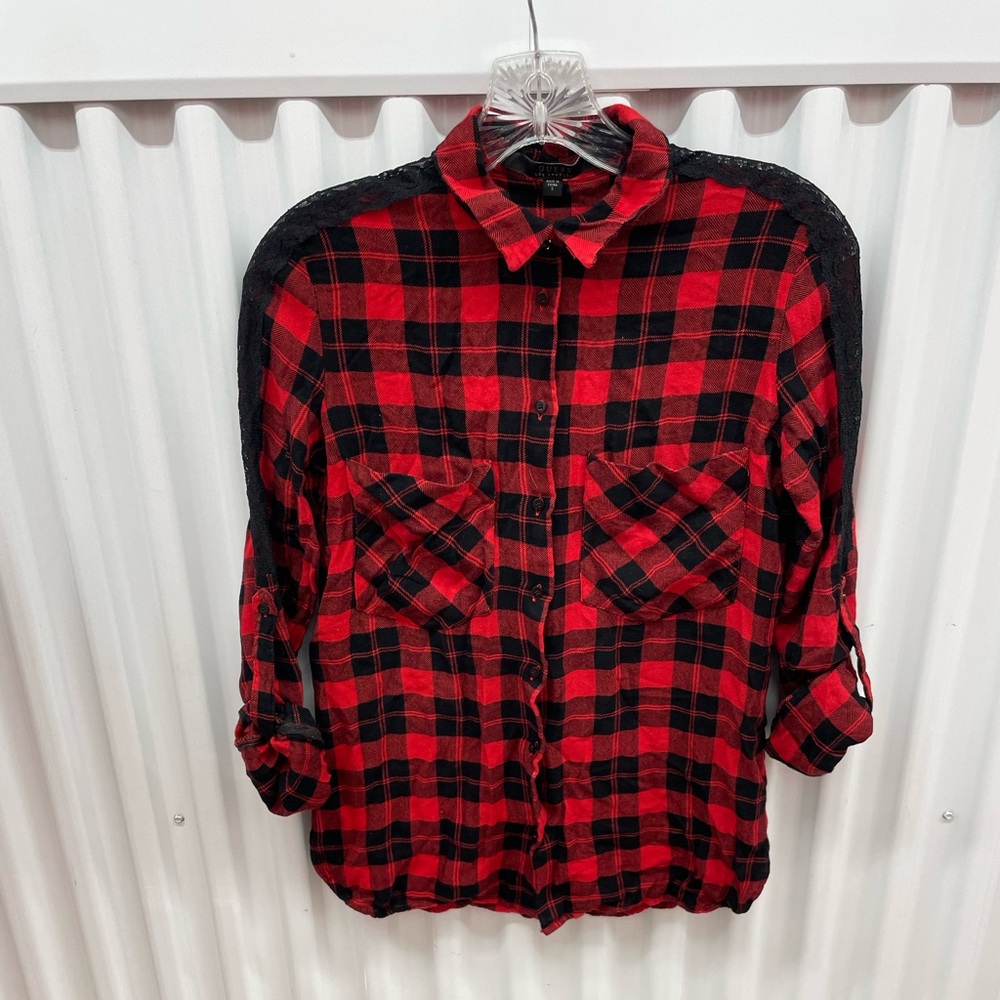 Guess Plaid Flannel Button Tab Sleeve Blouse Small